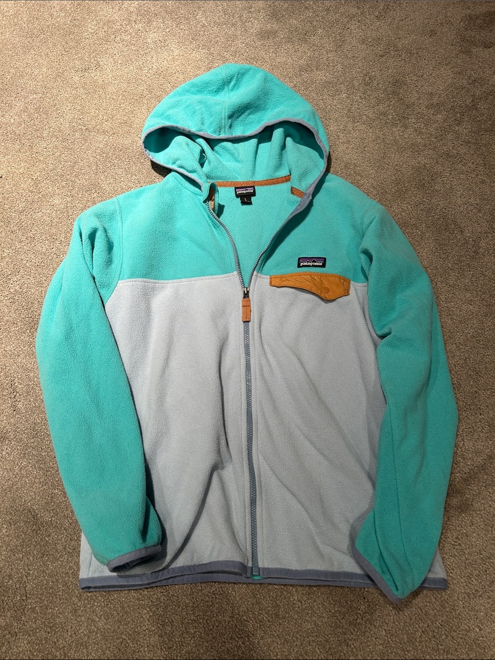 Patagonia Teal & Light Gray Hooded Fleece with Tan Accent